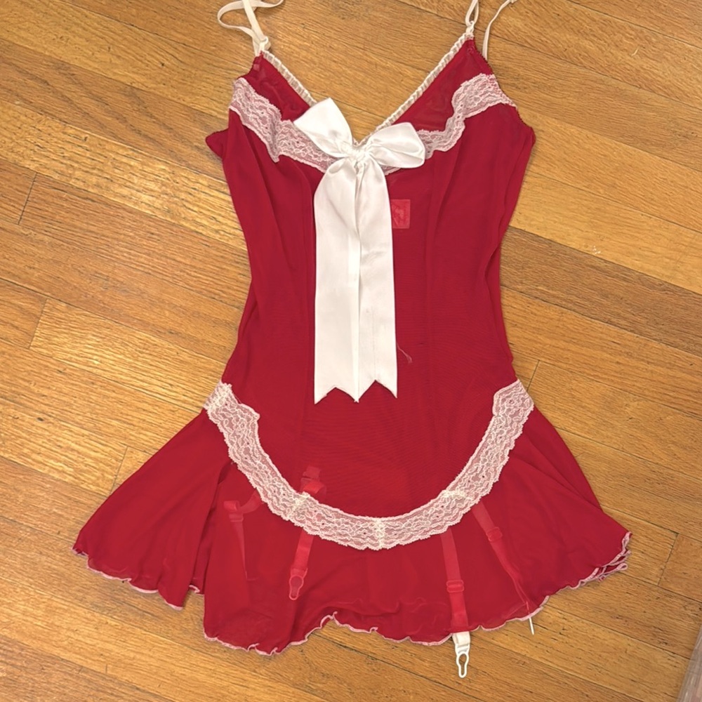 Vintage Trashy Lingerie Red Mesh White Lace Gartered Chemise Dress Small Xmas